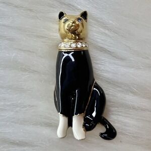 VTG Carolee Cat Kitty Enamel Rhinestones Black White Cute Brooch Gold Tone